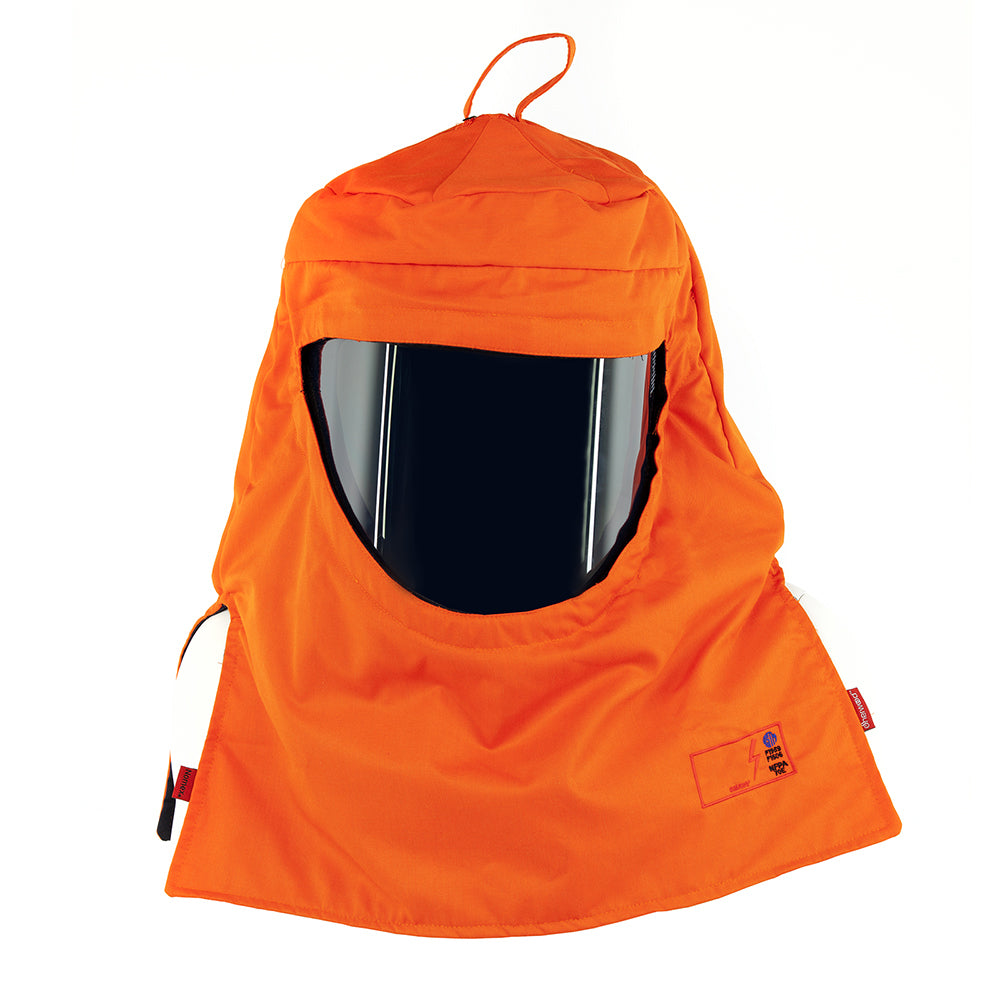 Orange protective hood with a visor on a white background