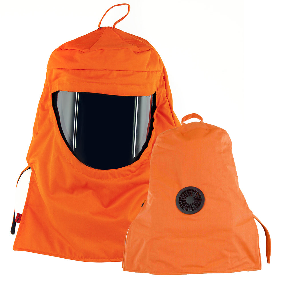 Orange protective hood with a clear visor and orange backpack on a white background