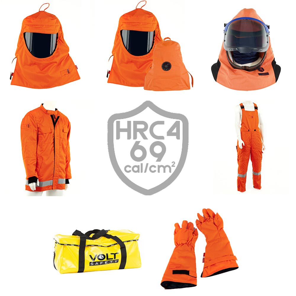 Collection of orange protective gear including a suit, helmet, jacket, pants, gloves, and a bag with HRC4 69 cal/cm2 rating.