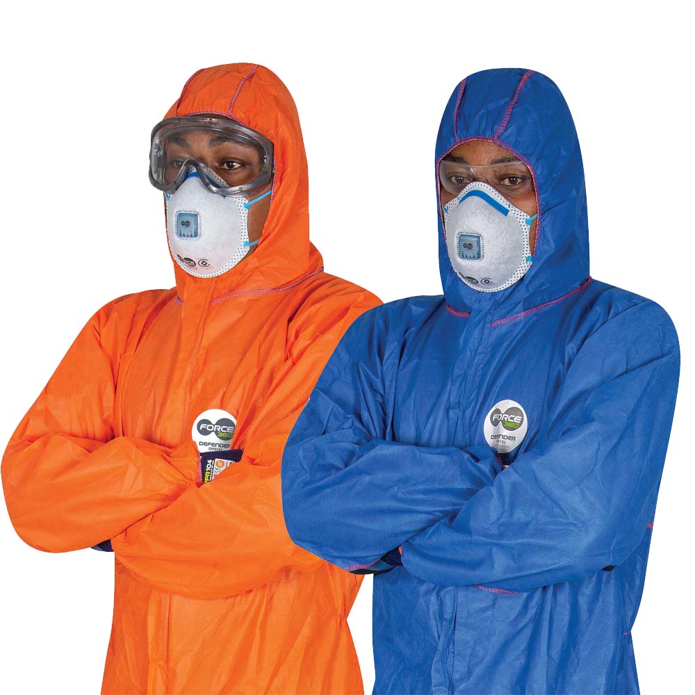 Two individuals wearing orange and blue protective suits with masks on a white background
