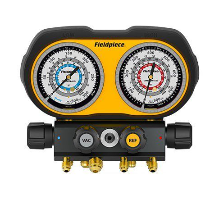 Fieldpiece GS422C 4 port analog manifold gauge set with 3/8 vacuum port sight glass and hard carrying case