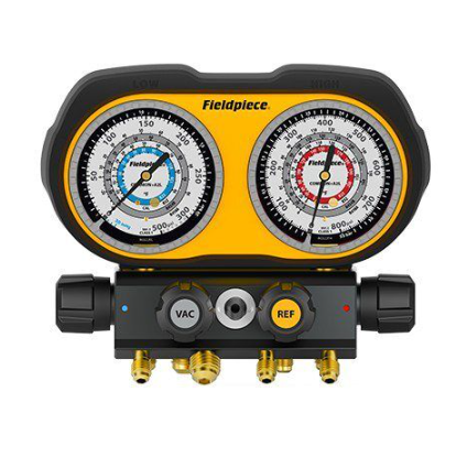 Fieldpiece GS434C 4 port analog manifold gauge set with charging hoses 3/8 inch vacuum port and hard case