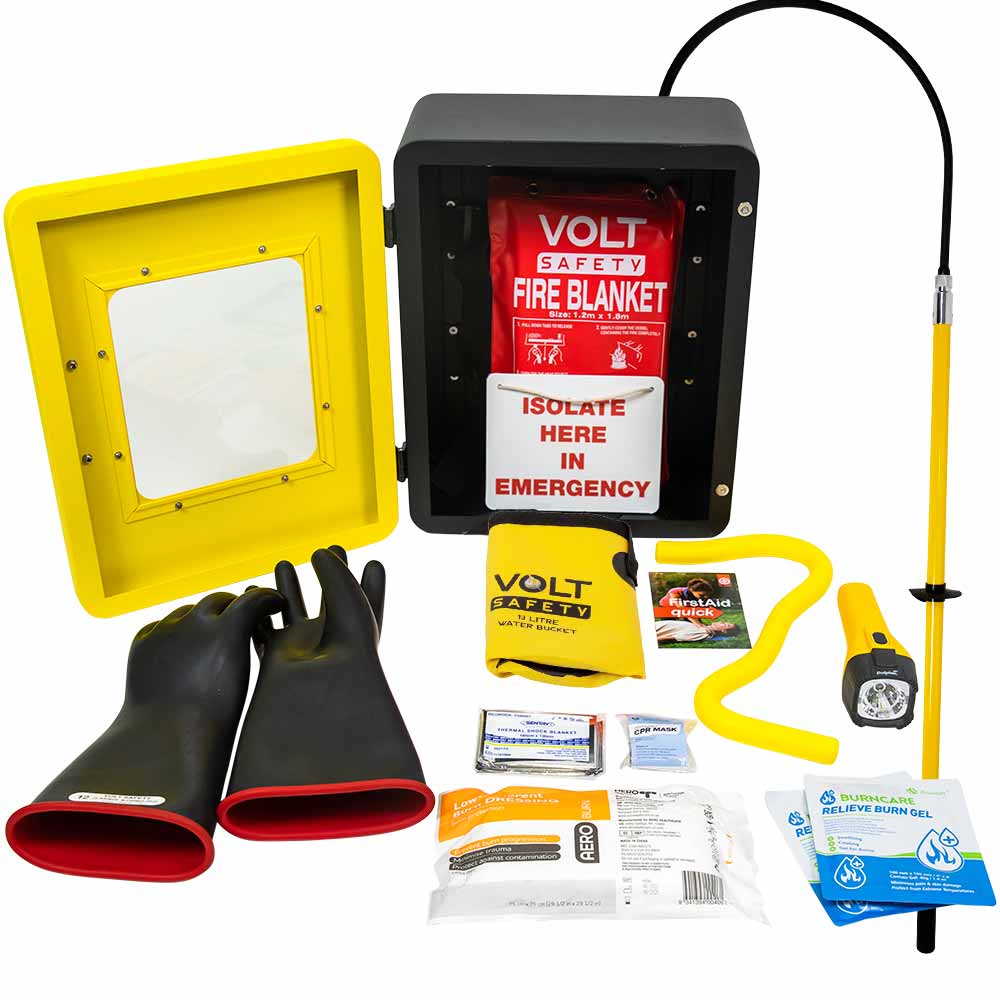 Safety equipment kit with fire blanket, gloves, flashlight, and other supplies on a white background