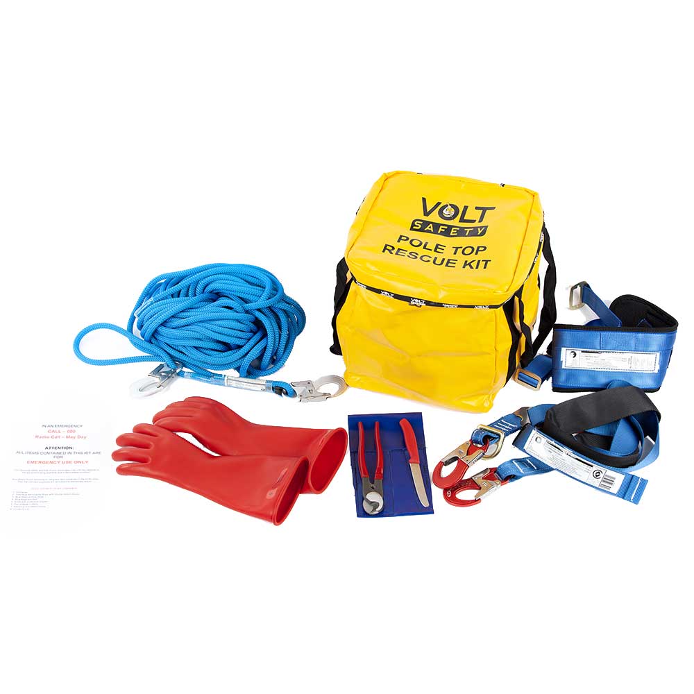 Volt Safety pole top rescue kit with yellow bag, blue rope, red gloves, and other equipment on a white background