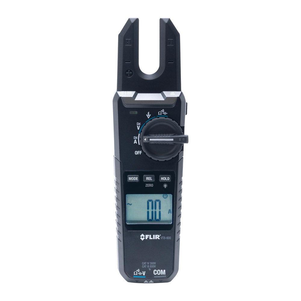 FLIR VT8-600 Open Jaw Tester measuring voltage and current, featuring a compact design for electrical troubleshooting in tight spaces.
