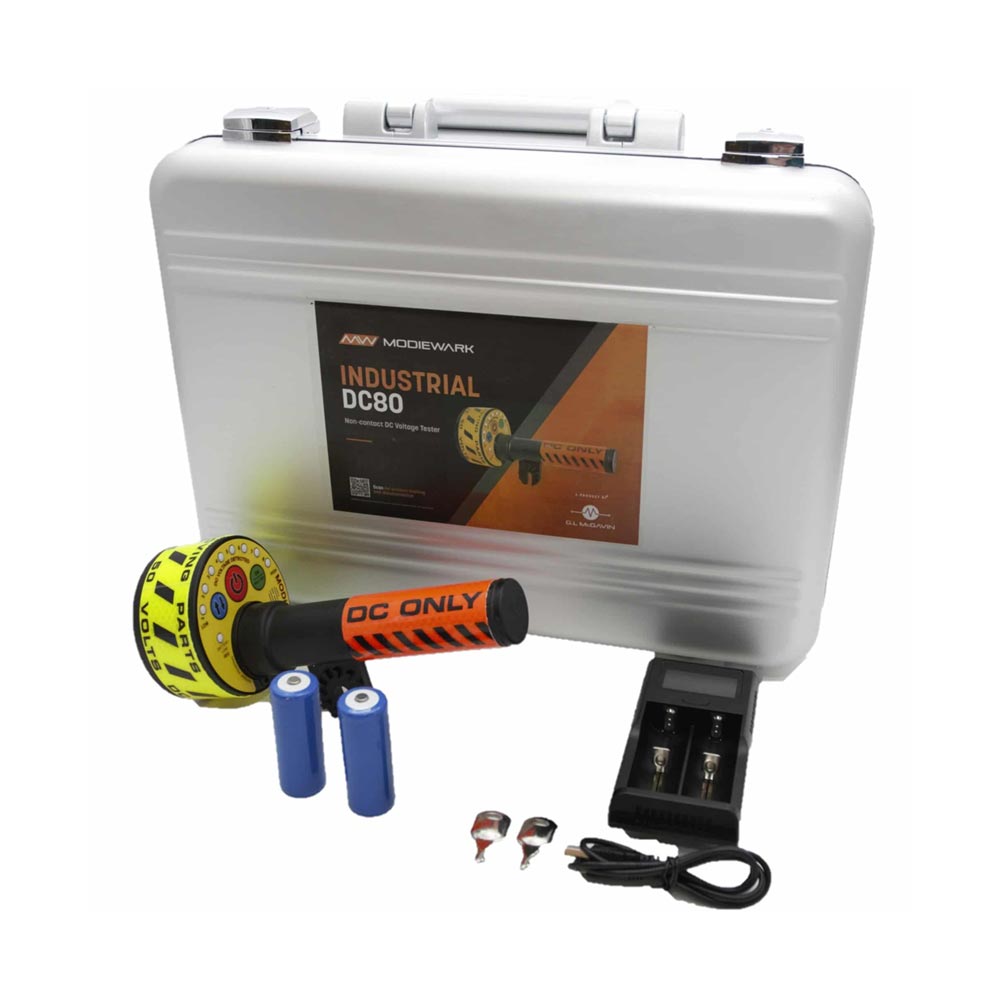 "Volt Safety Modiewark Industrial DC80 Kit with non-contact DC voltage tester stick, battery charger, and padded metal carry case"