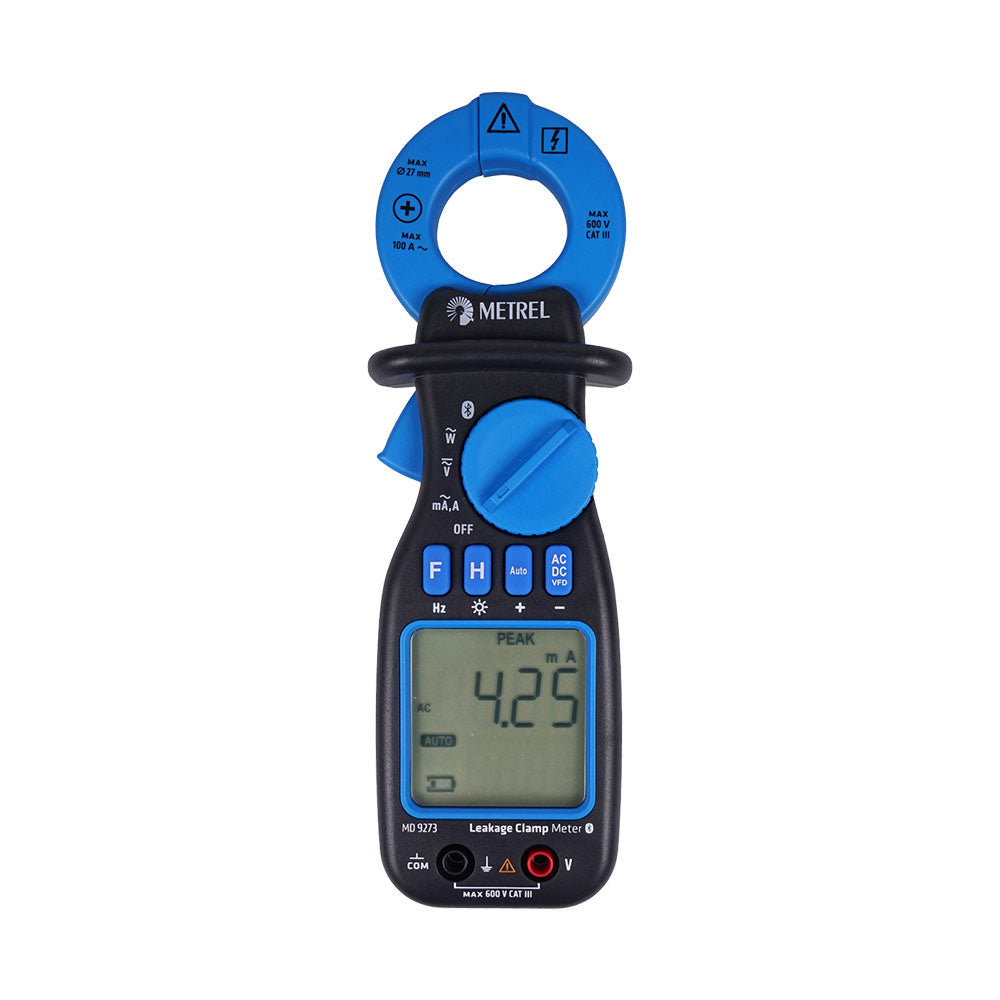 Metrel MD 9273 Bluetooth TRMS Leakage Clamp Meter with digital display and power functions.
