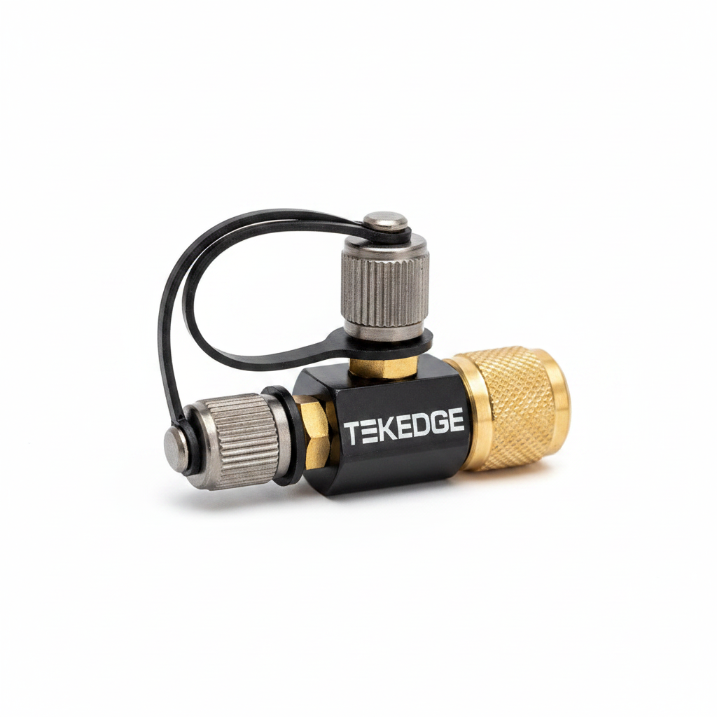 TEKEDGE TE-AT-040404 black 1/4 inch male flare by 1/4 inch female swivel access T fitting for HVAC vacuum gauges
