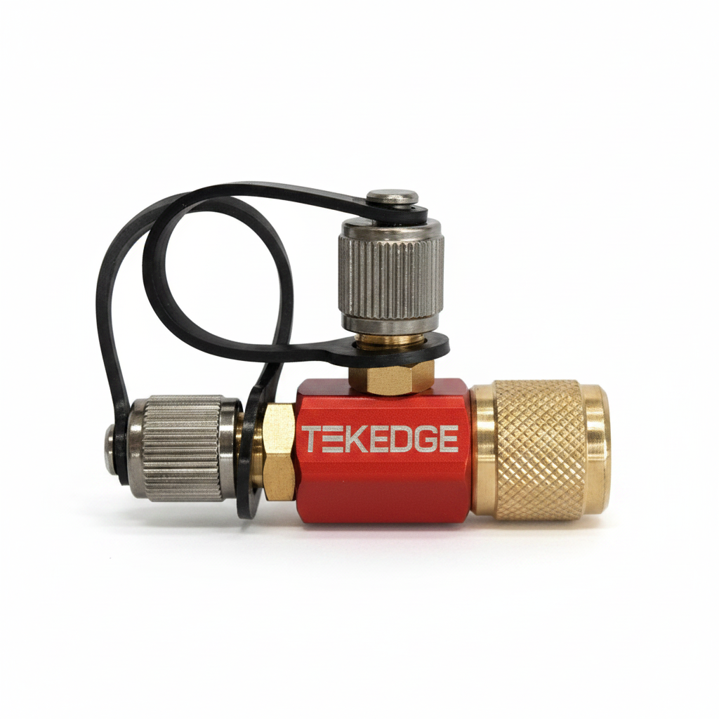 TEKEDGE TE-AT-050504 red 5/16 female swivel by 1/4 male flare access T fitting for HVAC R32 refrigeration systems