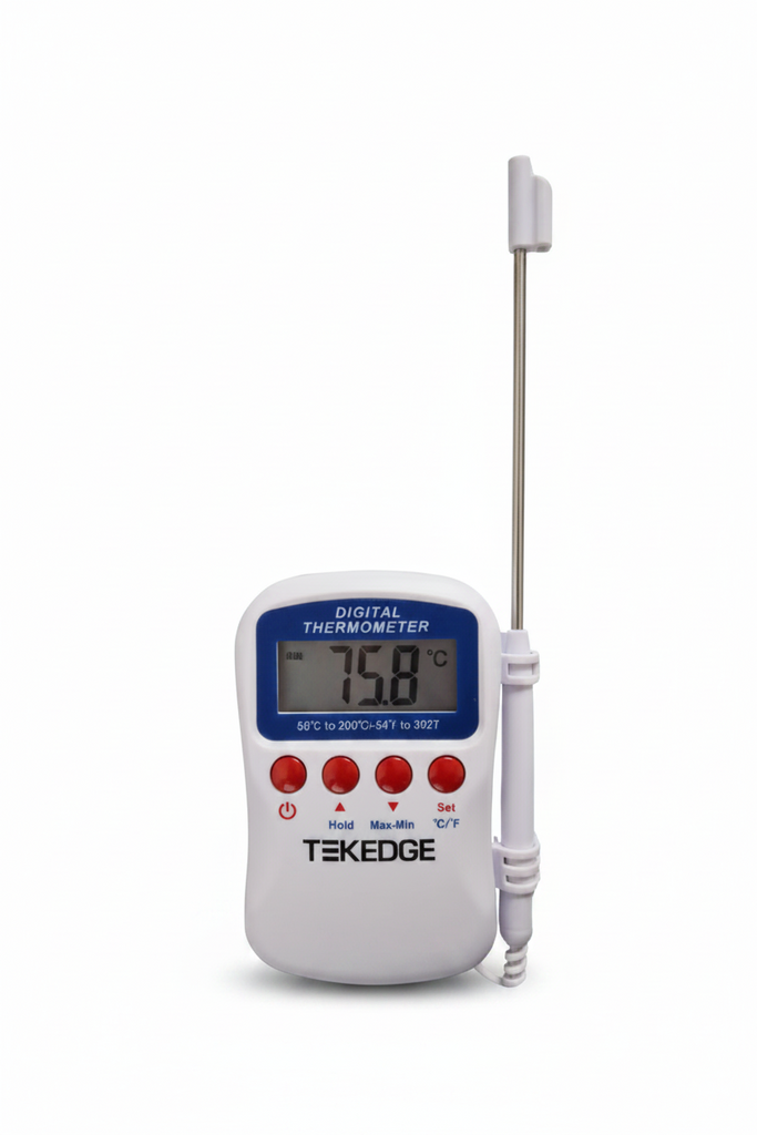 TEKEDGE TE-905 digital alarm thermometer with 5-inch stainless steel probe and 1-meter cable for HVAC-R system testing