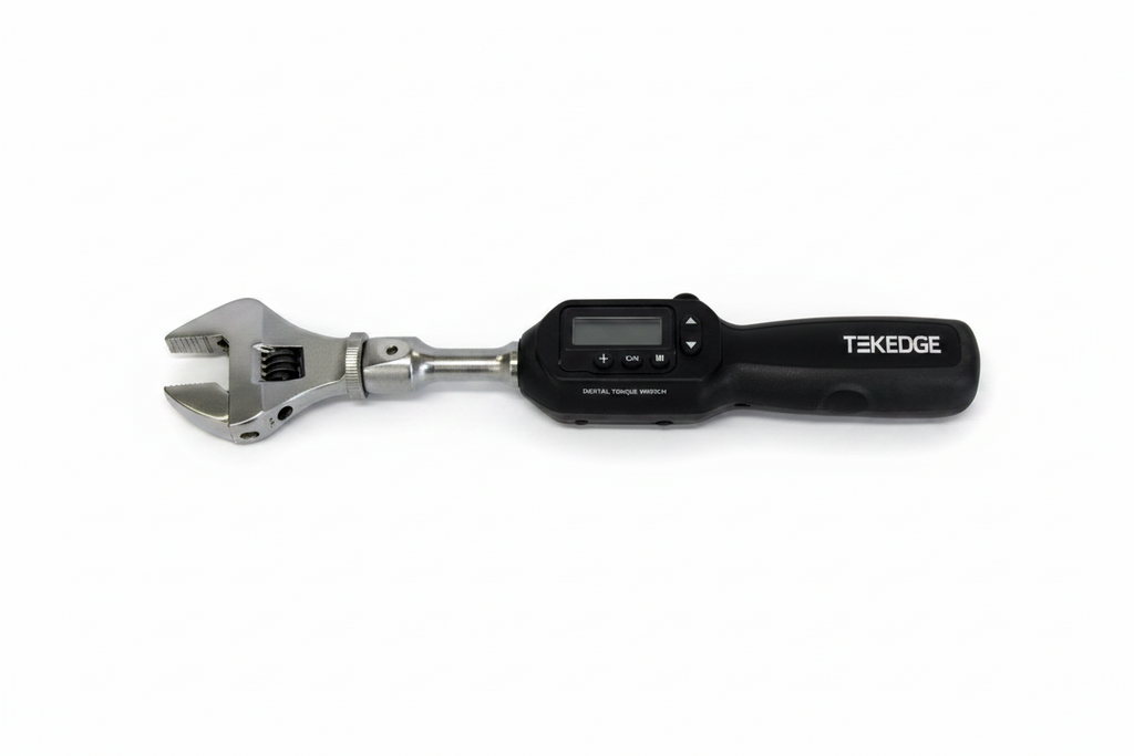 TEKEDGE TE-DTW Digital Torque Wrench at Cool Tools. Precision adjustable jaw with audible/visual alerts for perfect HVAC flare connections.