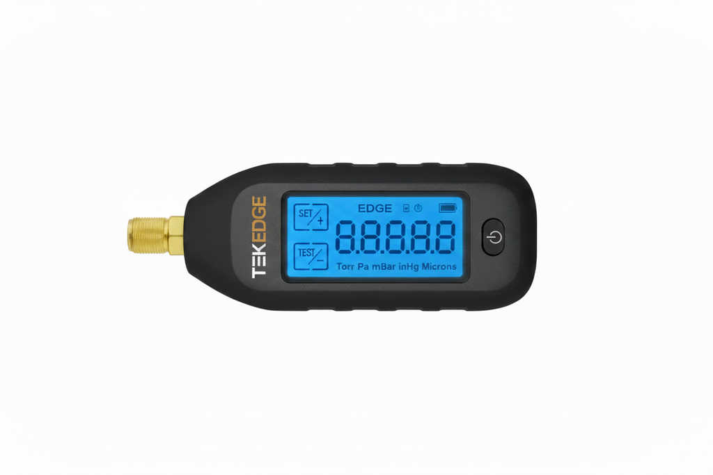TEKEDGE TE-VG1 touchscreen digital micron vacuum gauge with 1/4 inch female SAE port and case