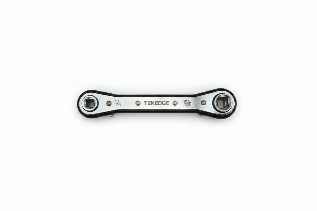 TEKEDGE TE-SWS heavy duty steel HVAC ratcheting service wrench with 3/16 1/4 5/16 and 3/8 inch square ports