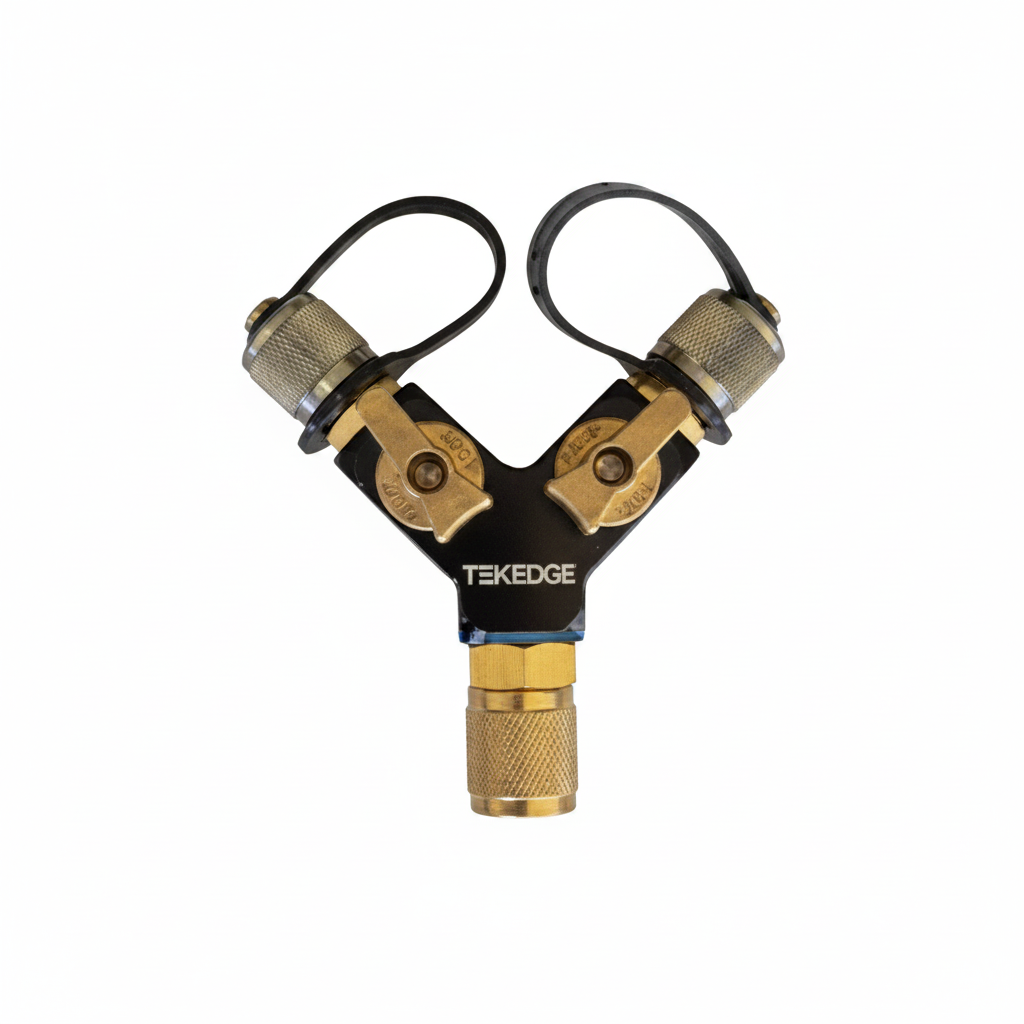 TEKEDGE TE-HFYV2-06 aluminum hi flow Y fitting with dual shut off valves 3/8 female swivel to 3/8 male flare