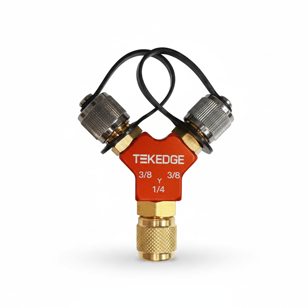 TEKEDGE HFY2-04 orange aluminum hi flow Y fitting 1/4 female swivel to dual 3/8 male flare for HVAC vacuum setups