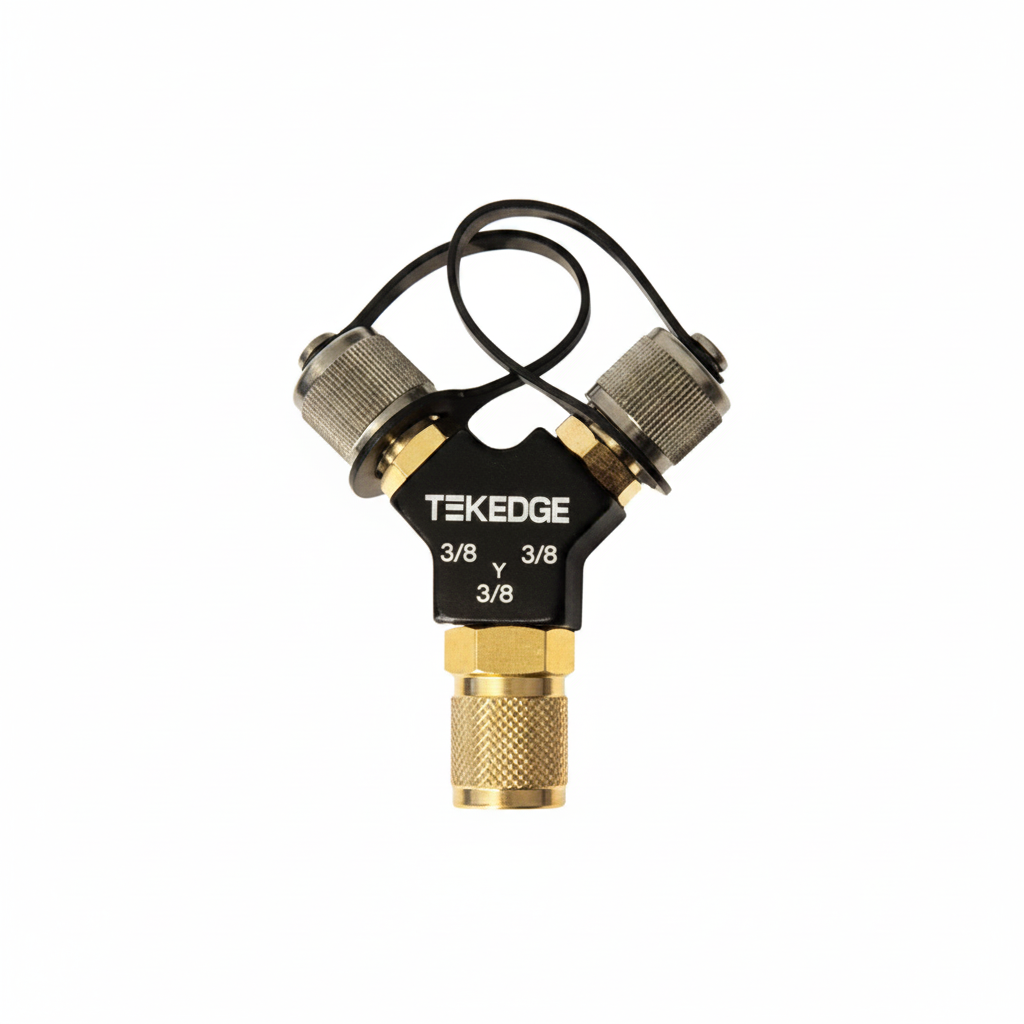 TEKEDGE HFY2-06 black aluminum hi flow full bore Y fitting 3/8 female swivel to dual 3/8 male flare for HVAC vacuum systems