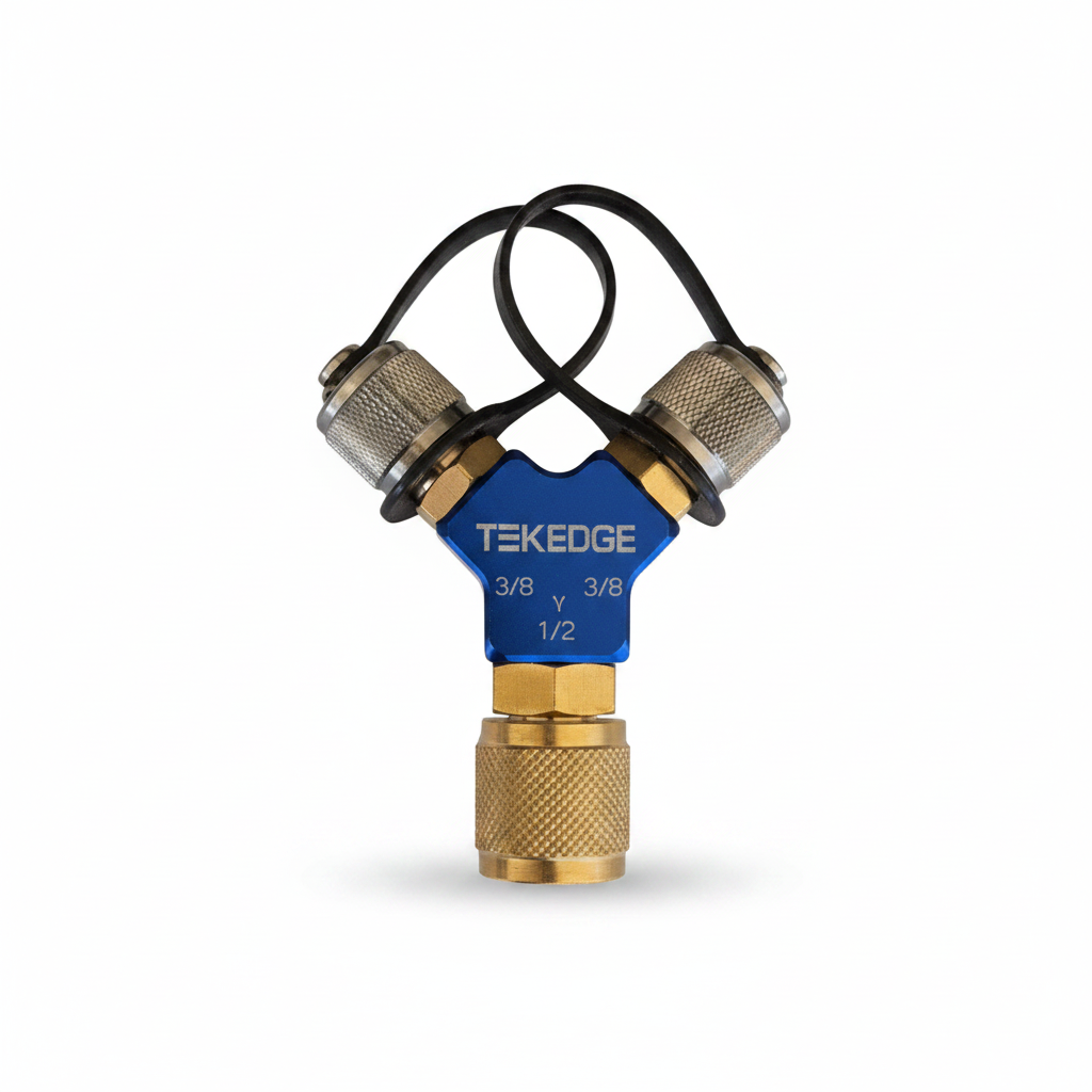 TEKEDGE HFY2-08 blue aluminum hi flow Y fitting 1/2 female swivel to dual 3/8 male flare for HVAC vacuum systems