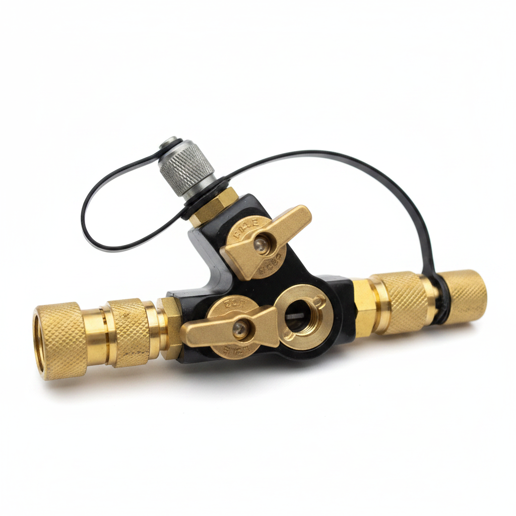 TEKEDGE TE-CRY-0405 aluminum dual valve high flow core removal Y tool with sight glass for HVAC R32 A3 refrigerants