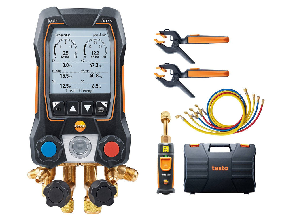 Testo 557s Smart Vacuum Kit – Digital Manifold, Vacuum and Clamp Temperature Probes, Hose Set 0564 5572